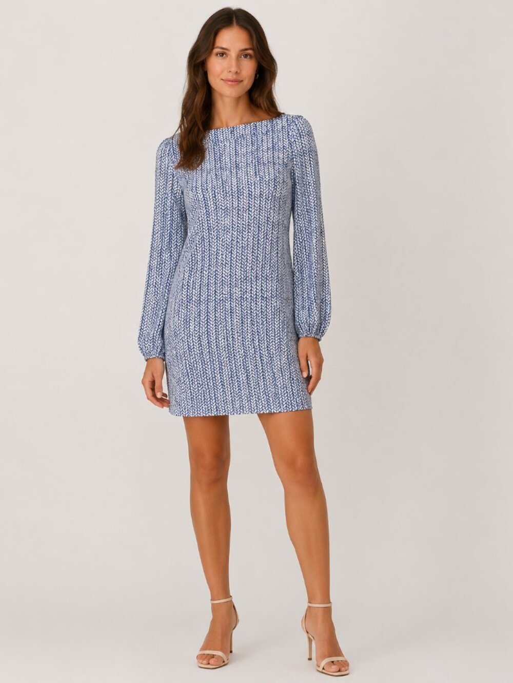 TART Size S Blue White Geometric Print Modal Long Sleeve Tunic Shift Dress